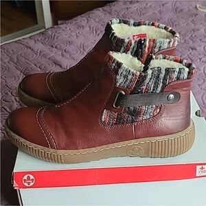 Rieker Red Ankle Boots with Lace-Up Design and Comfortable Fit